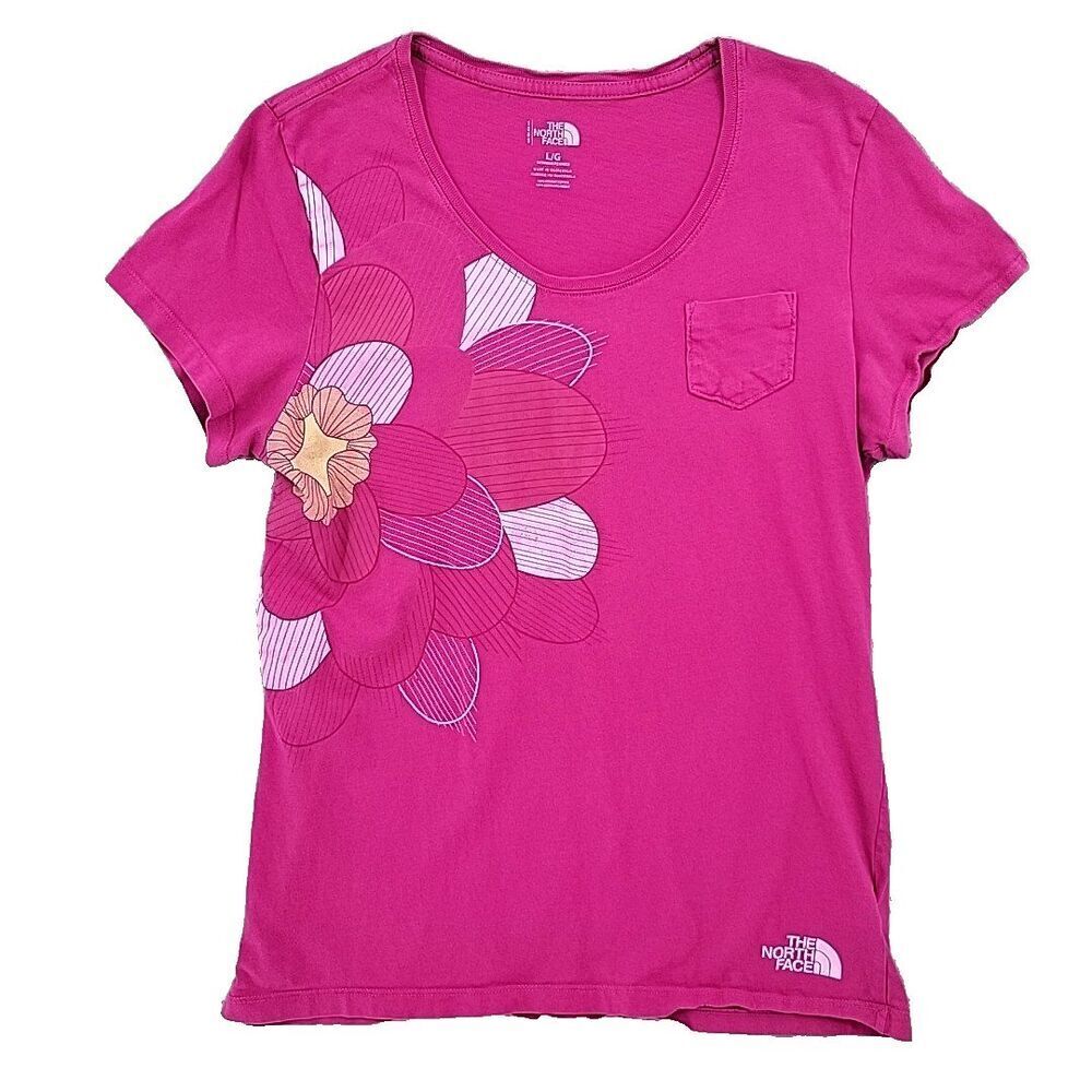 The North Face Womens T-Shirt Size L  Large  Pink Round Neck Cap Sleeves Organic